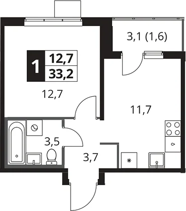 Планировка: 1-комнатная квартира 31,6 м² в ЖК «1-й Южный»