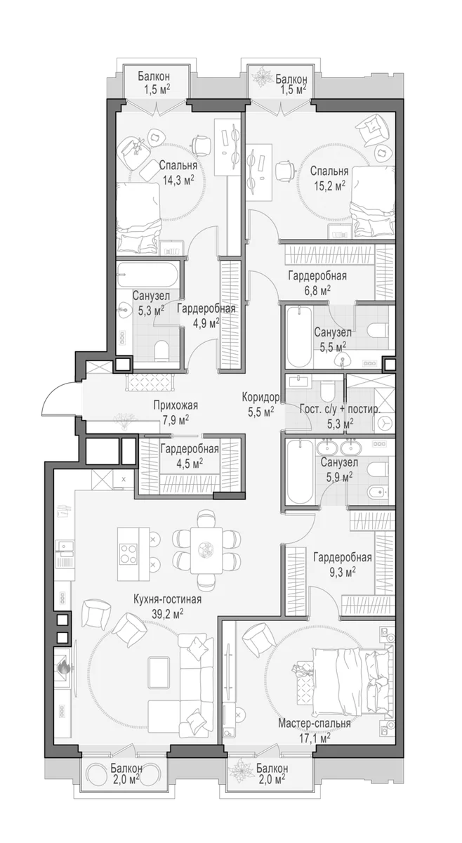 Планировка: Квартира евро-4 148,7 м² в ЖК «Квартал Тишинский бульвар»