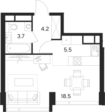 Планировка: Студия 31,9 м² в ЖК «Инди Тауэрз от Аквилон»