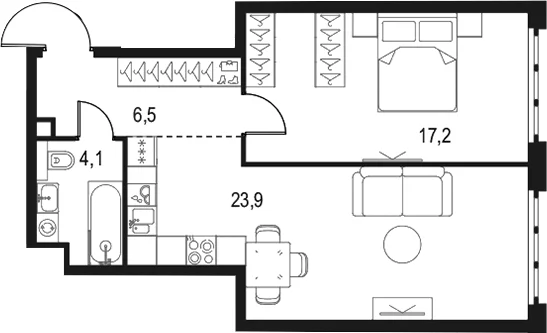 Планировка: 1-комнатная квартира 51,7 м² в ЖК «Левел Южнопортовая»
