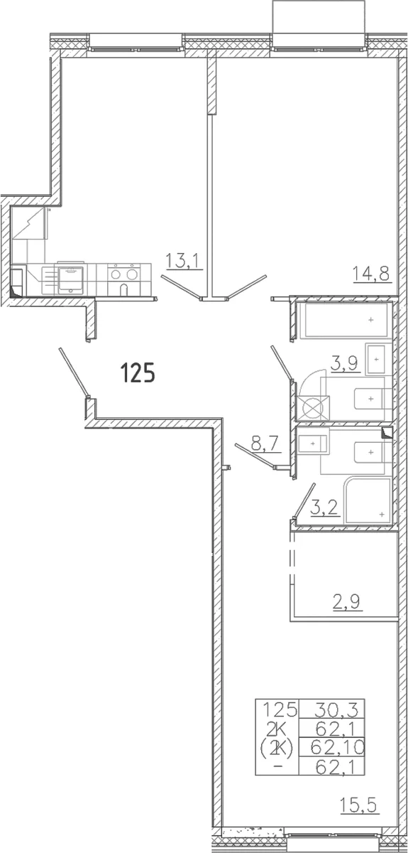 Планировка: 2-комнатная квартира 62,1 м² в ЖК «Лисино»