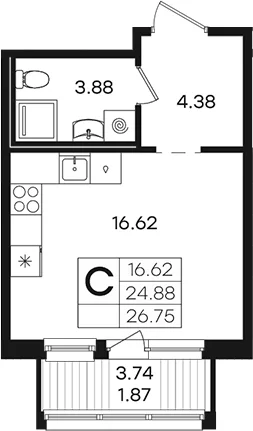 Планировка: Студия 24,9 м² в ЖК «Парголово»