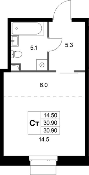 Планировка: Студия 30,9 м² в ЖК «Кореневский Форт 2.3»