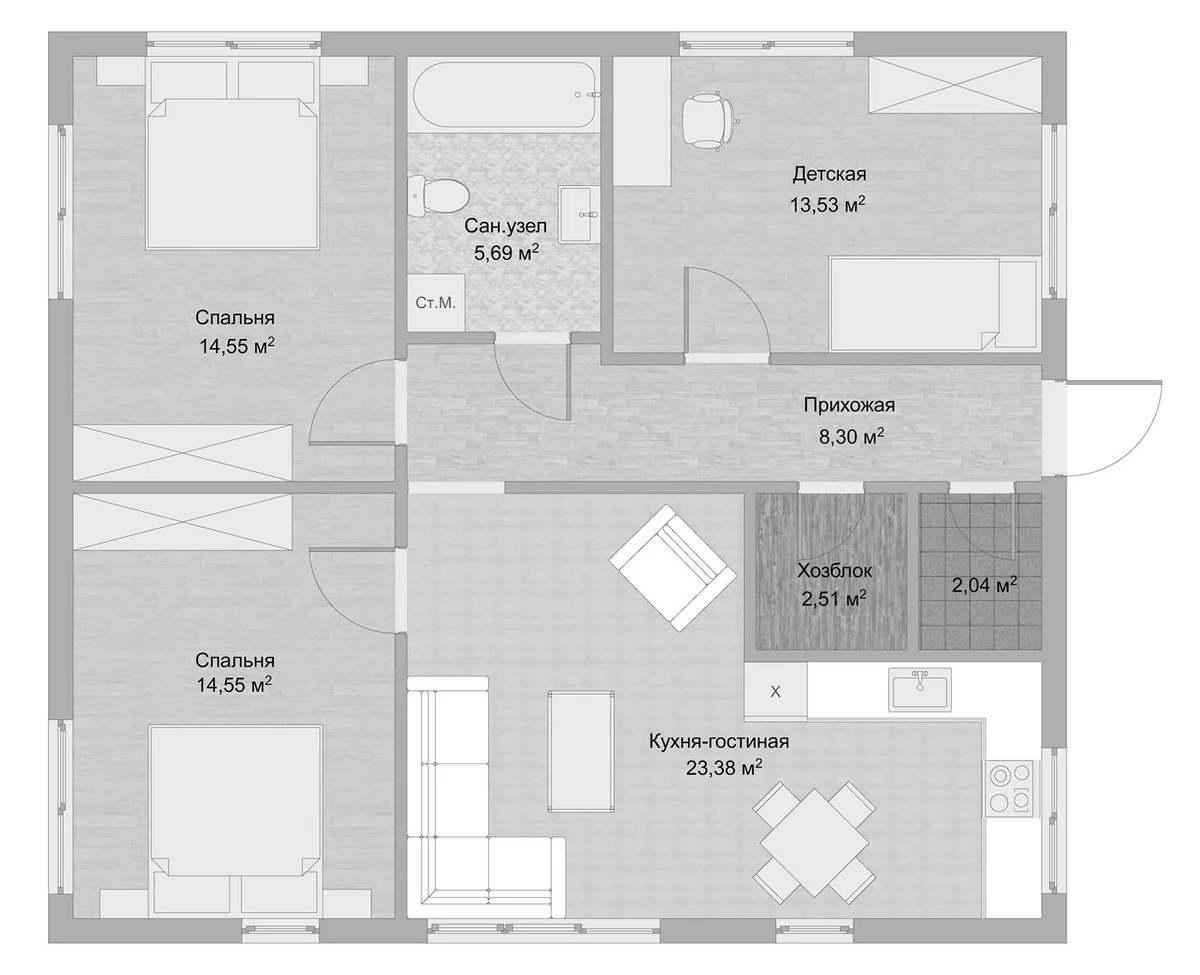 Планировка: Коттедж 90 м² в ЖК «Коттеджный поселок Всеволожская Губерния»