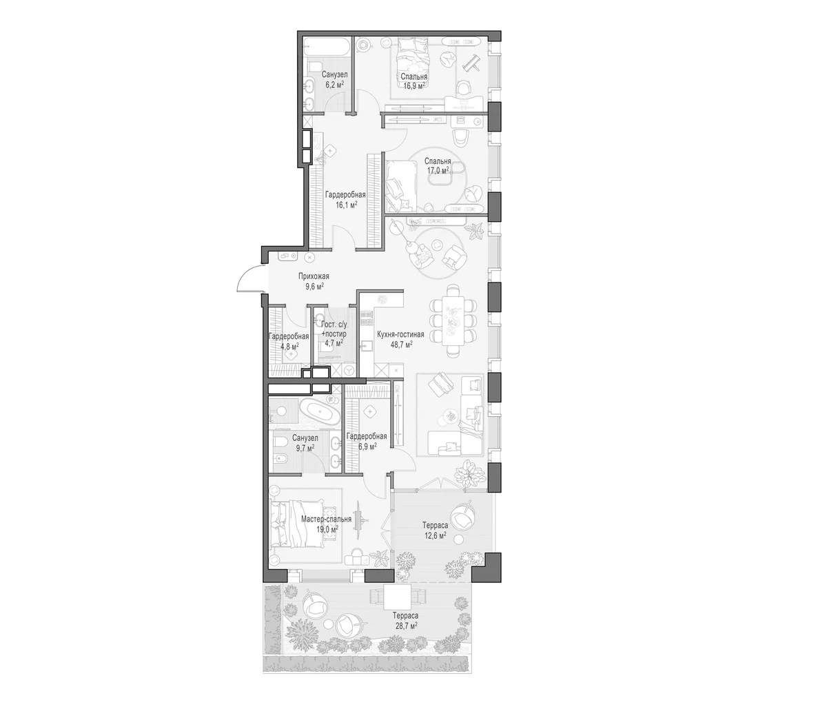 Планировка: Квартира евро-4 169,8 м² в ЖК «Клубный квартал Фрунзенский»