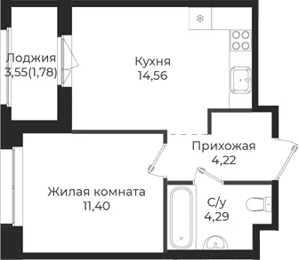Планировка: 1-комнатная квартира 34,5 м² в ЖК «Новатория»