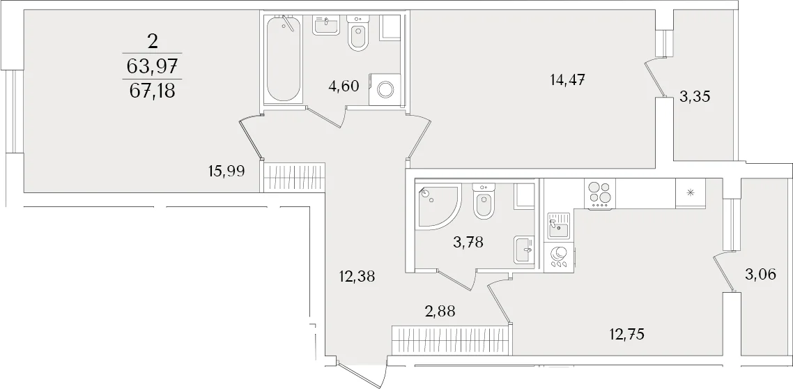 Планировка: 2-комнатная квартира 64 м² в ЖК «Кинопарк»