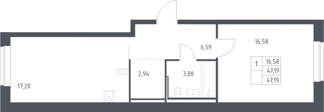 Планировка: Евродвушка 47,2 м² в ЖК «Литературный Квартал»