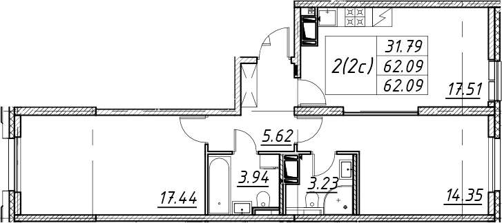 Планировка: Евротрёшка 62,1 м² в ЖК «Цивилизация на Неве»