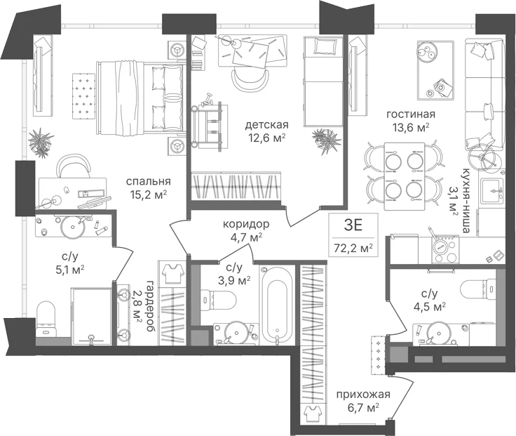 Планировка: Евротрёшка 72,2 м² в ЖК «Петровский Парк II»