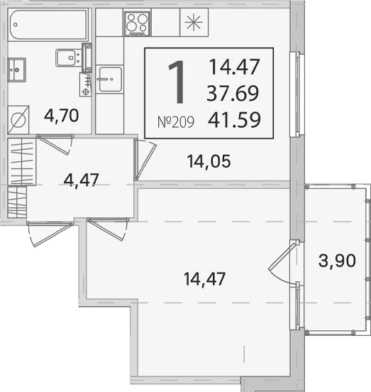 Планировка: 1-комнатная квартира 37,7 м² в ЖК «Любоград в Стрельне»
