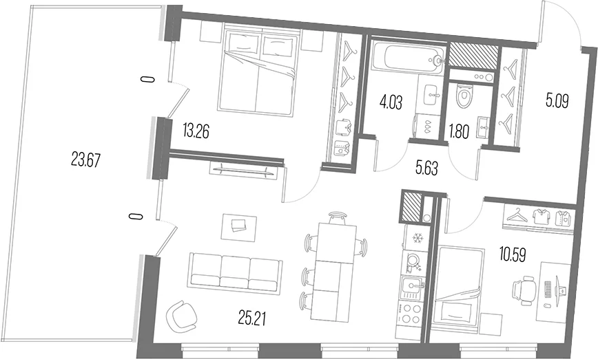 Планировка: Евротрёшка 65,6 м² в ЖК «Легенда Васильевского»