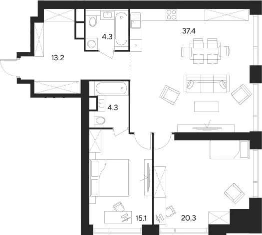 Планировка: Евротрёшка 94,6 м² в ЖК «Инди Тауэрз от Аквилон»