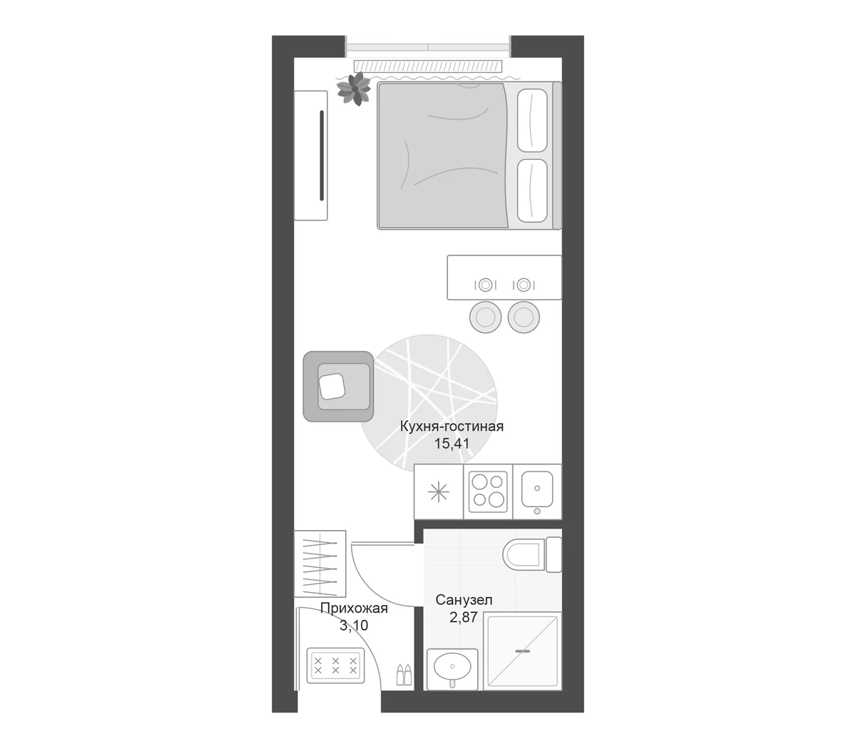 Планировка: Студия 21,4 м² в ЖК «Апарт-комплекс Первый Зеленый»