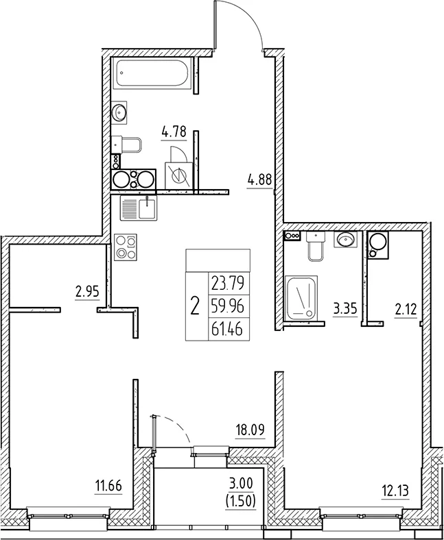 Планировка: Евротрёшка 60 м² в ЖК «Сезоны»