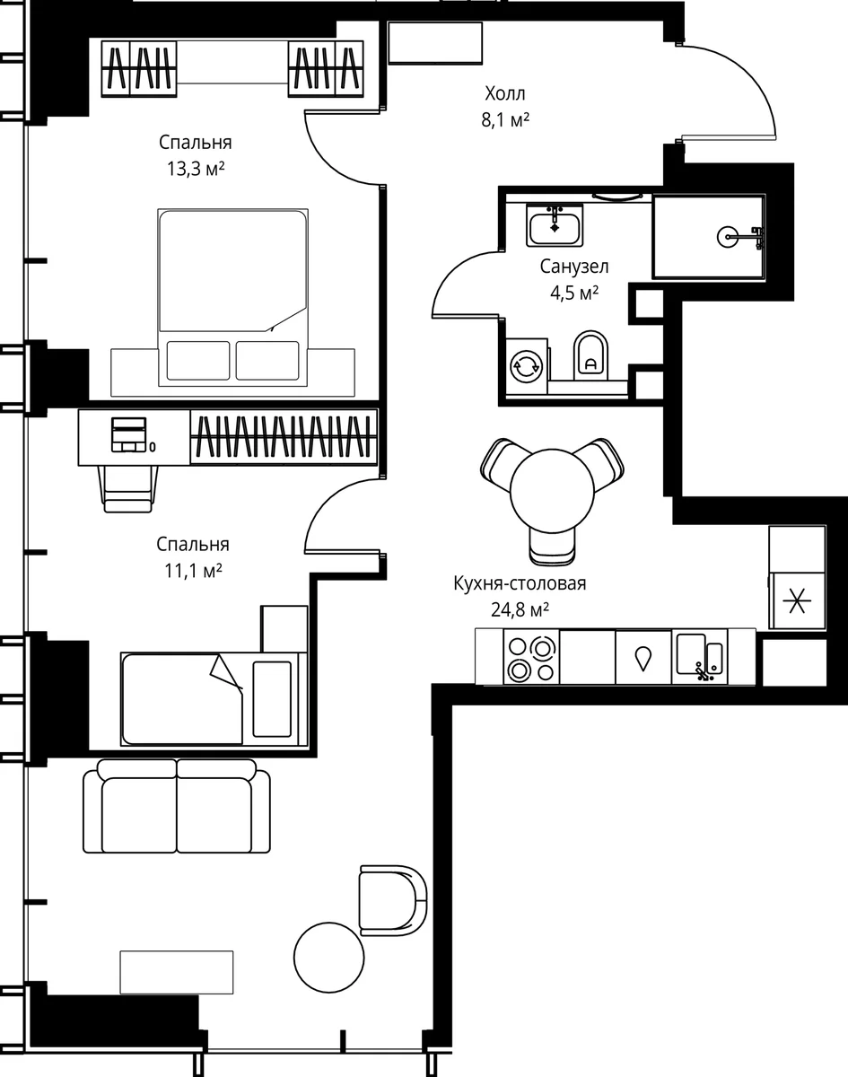Планировка: Евротрёшка 61,8 м² в ЖК «Веер»