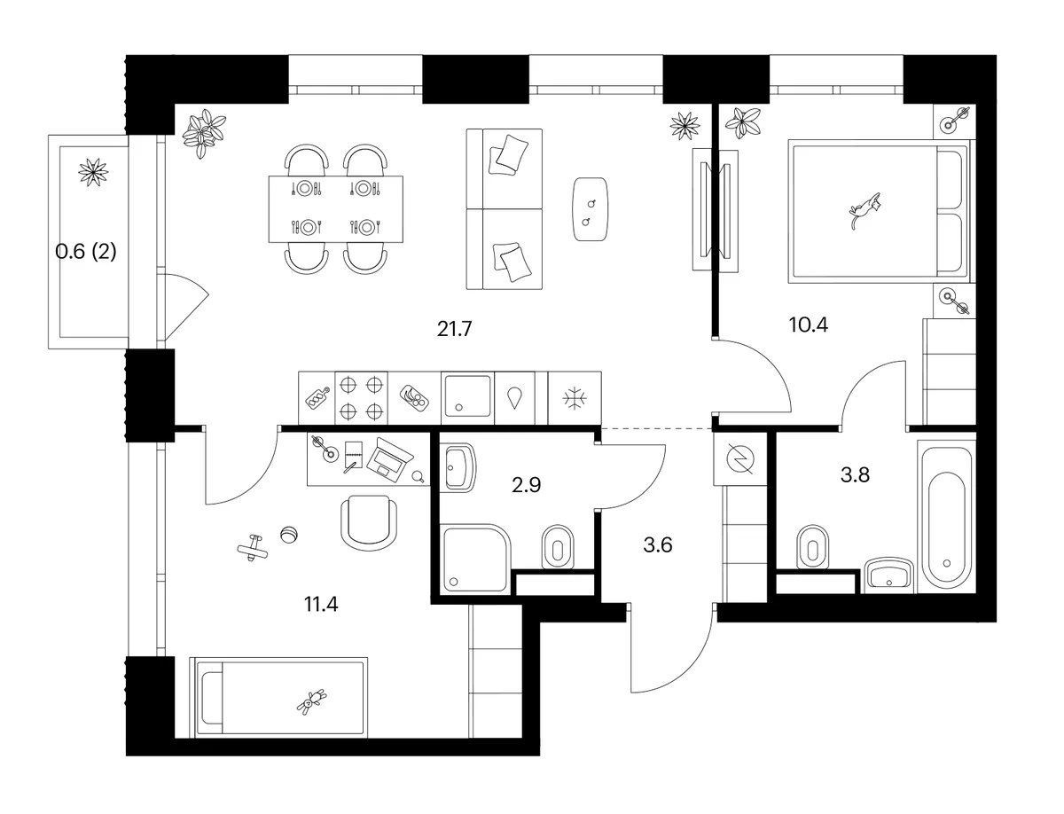 Планировка: 2-комнатная квартира 53,8 м² в ЖК «Строгино 360»