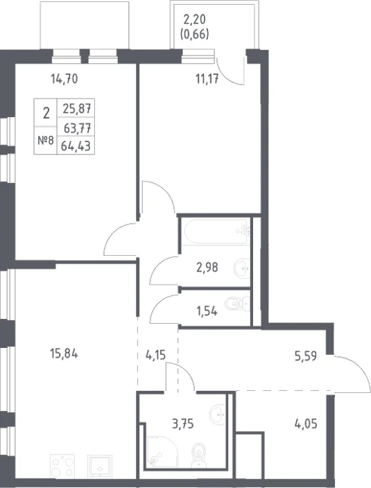 Планировка: Евротрёшка 63,8 м² в ЖК «Невская Долина»