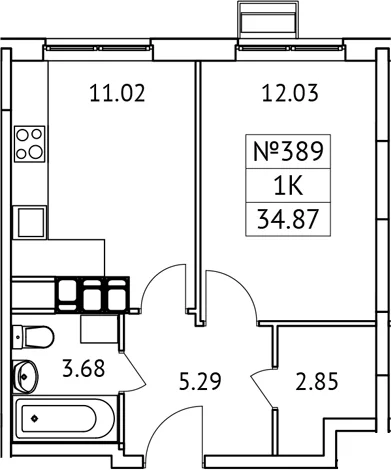 Планировка: 1-комнатная квартира 34,9 м² в ЖК «Новотомилино»