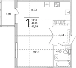 Планировка: Евродвушка 41,4 м² в ЖК «ЮгТаун. Олимпийские кварталы»