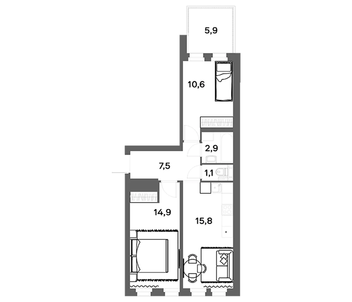 Планировка: Евротрёшка 52,8 м² в ЖК «ЭкоКвартал НЕГА»