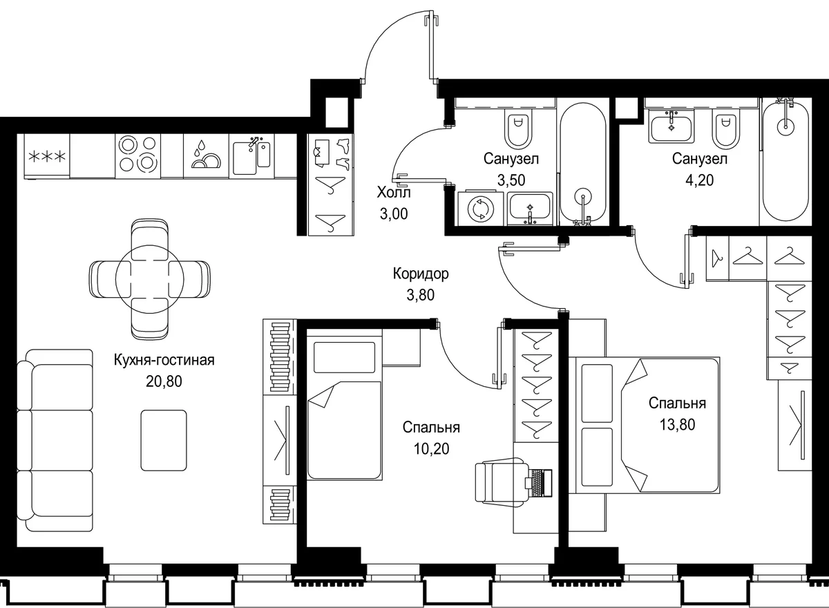 Планировка: Евротрёшка 59,3 м² в ЖК «СИТИДЗЕН»