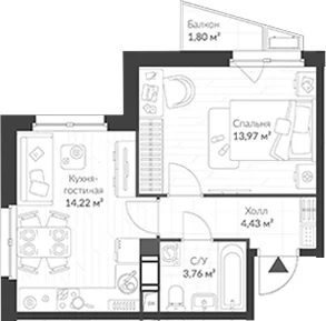 Планировка: 1-комнатная квартира 36,4 м² в ЖК «ВЕРЕН НОРТ Cертолово»