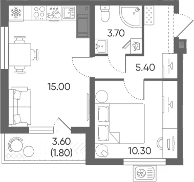 Планировка: Евродвушка 34,4 м² в ЖК «Ручьи 2»