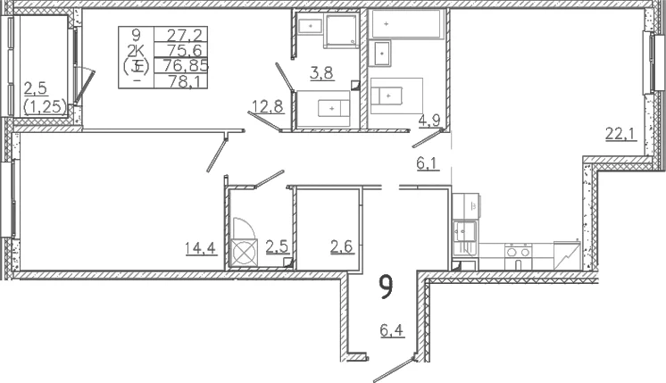 Планировка: Евротрёшка 75,6 м² в ЖК «Лисино»