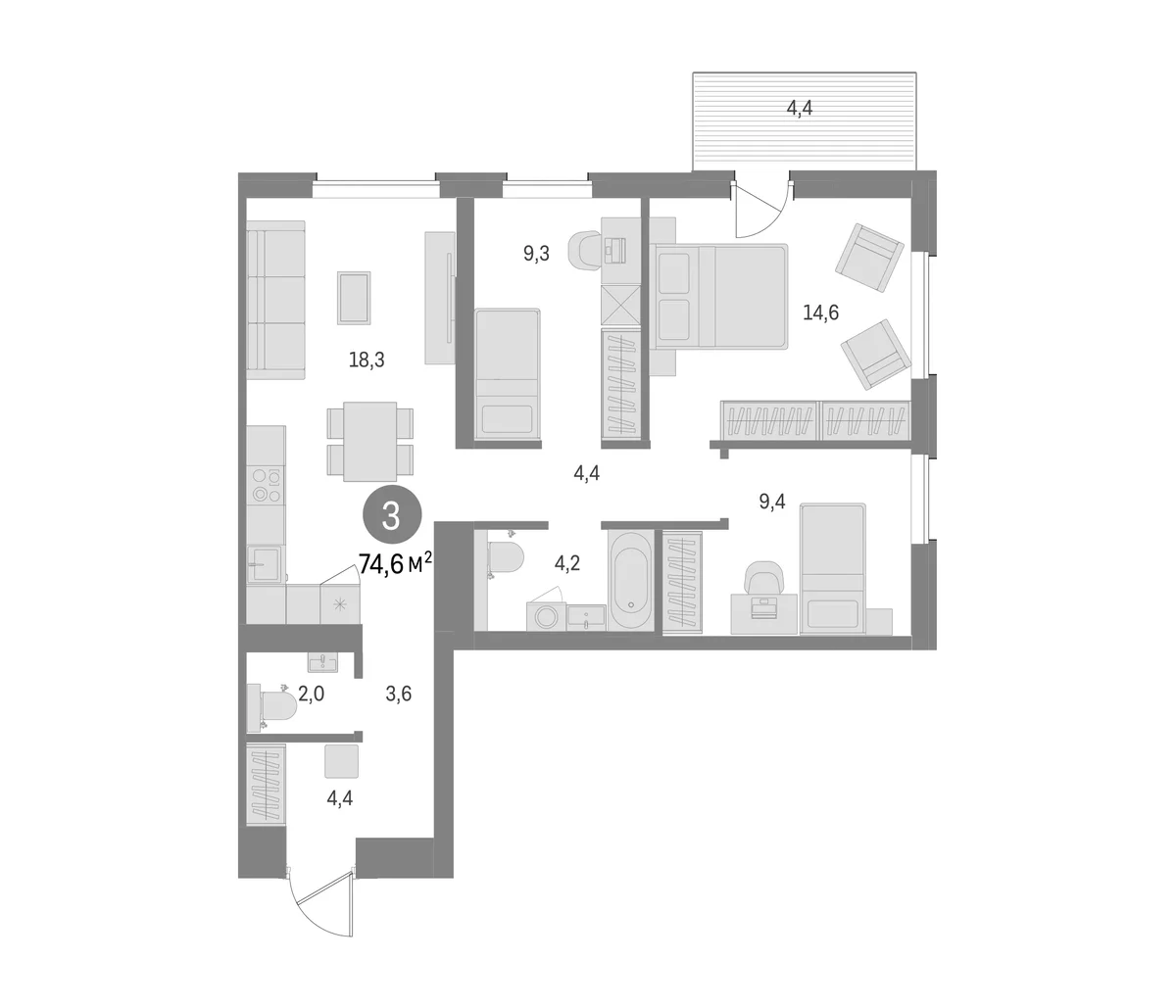 Планировка: 3-комнатная квартира 70,2 м² в ЖК «Северный ветер»