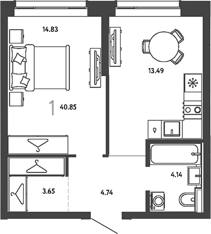 Планировка: 1-комнатная квартира 40,9 м² в ЖК «Страна.Парковая»
