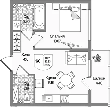 Планировка: 1-комнатная квартира 33,8 м² в ЖК «Охтинские высоты»