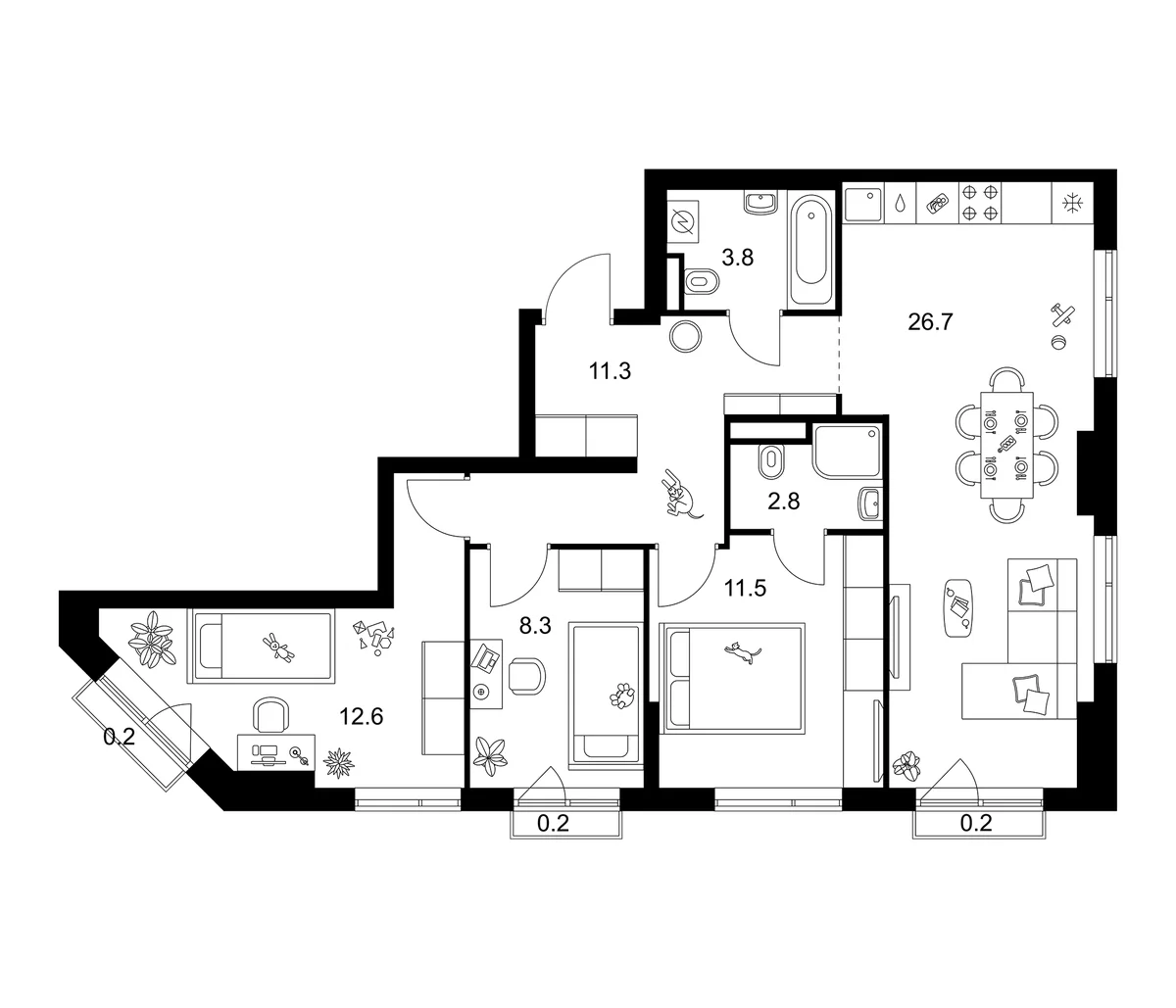 Планировка: 3-комнатная квартира 77 м² в ЖК «Лосиноостровский парк»
