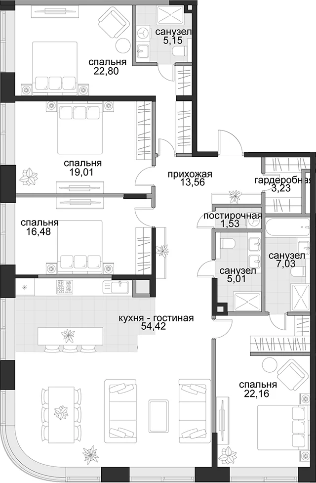 Планировка: Квартира евро-5 170,4 м² в ЖК «Садовническая, 69»