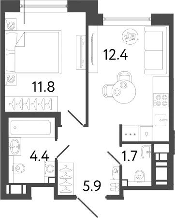 Планировка: 1-комнатная квартира 36,2 м² в ЖК «Передвижники 2»