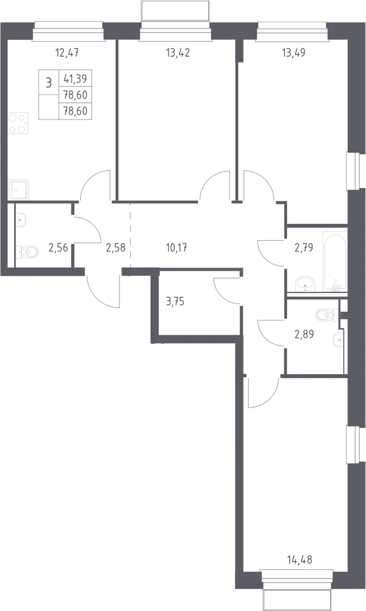 Планировка: 3-комнатная квартира 78,6 м² в ЖК «Новое Внуково»