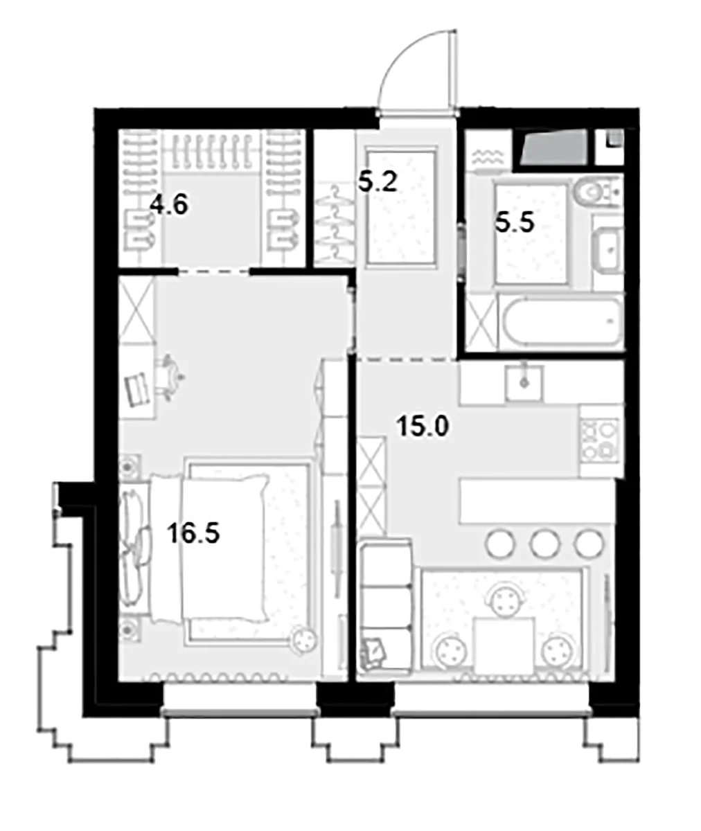 Планировка: 1-комнатная квартира 46,8 м² в ЖК «Высотка на Жукова»