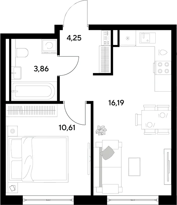 Планировка: Евродвушка 34,9 м² в ЖК «Космопарк»