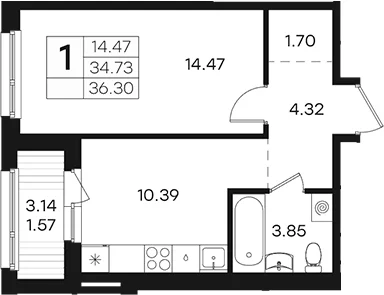 Планировка: 1-комнатная квартира 34,7 м² в ЖК «Парголово»