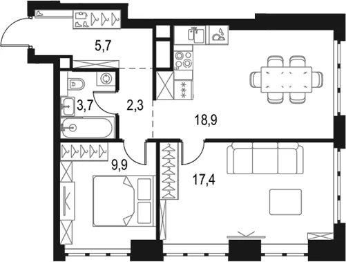 Планировка: Евротрёшка 57,9 м² в ЖК «Левел Южнопортовая»