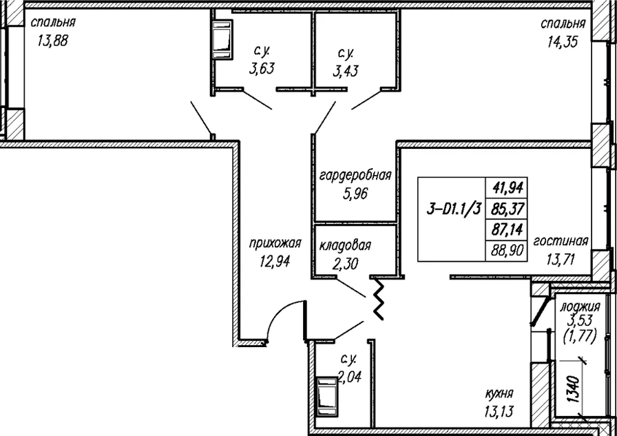 Планировка: 3-комнатная квартира 85,4 м² в ЖК «Уютный Новоселье»