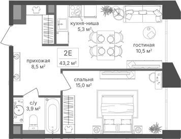Планировка: Евродвушка 43,2 м² в ЖК «Петровский Парк II»