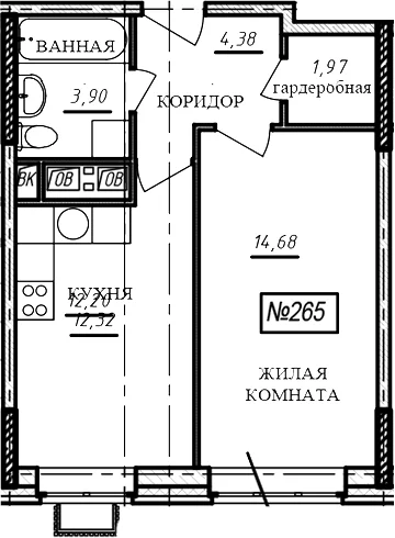 Планировка: 1-комнатная квартира 37,1 м² в ЖК «Краснофлотский»