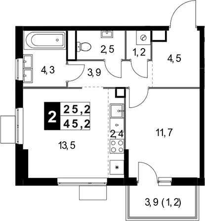 Планировка: Евродвушка 44 м² в ЖК «1-й Измайловский»