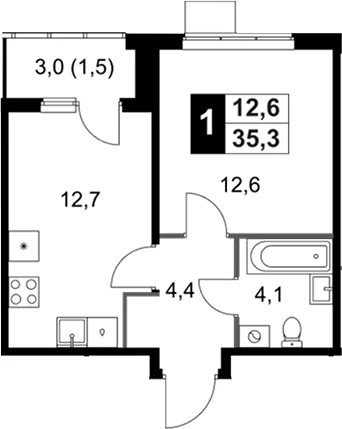 Планировка: 1-комнатная квартира 33,8 м² в ЖК «1-й Ясеневский»