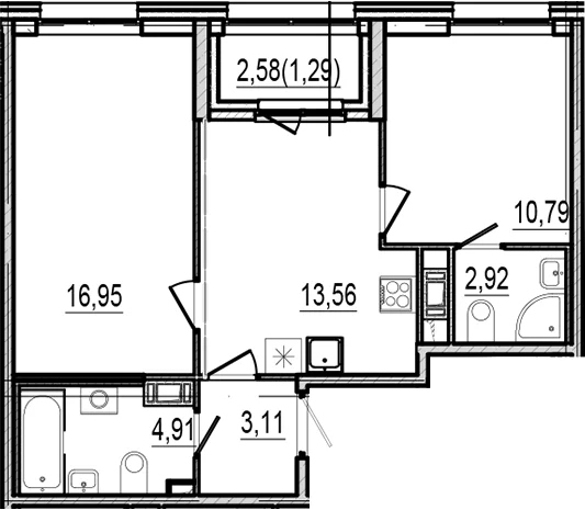 Планировка: 2-комнатная квартира 52,2 м² в ЖК «Оптимист»