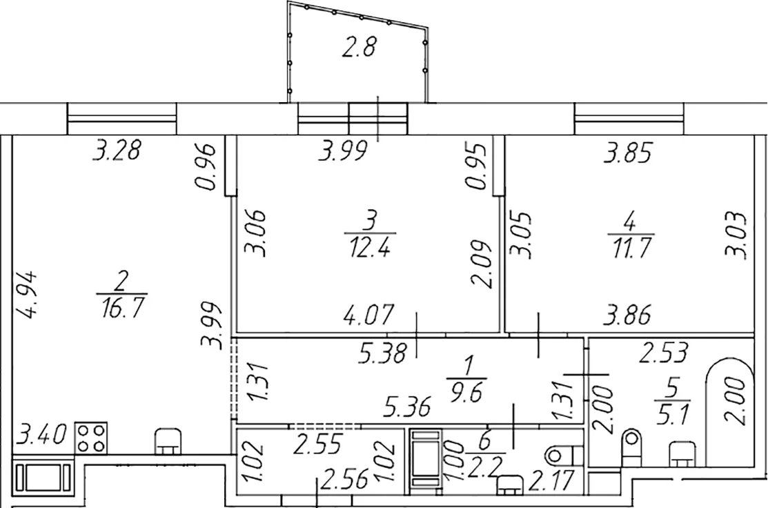 Планировка: Евротрёшка 57,7 м² в ЖК «Респект»