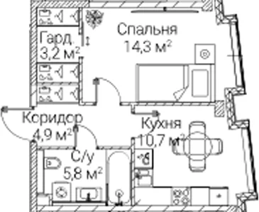 Планировка: 1-комнатная квартира 38,4 м² в ЖК «СЕЗАР БУДУЩЕЕ»
