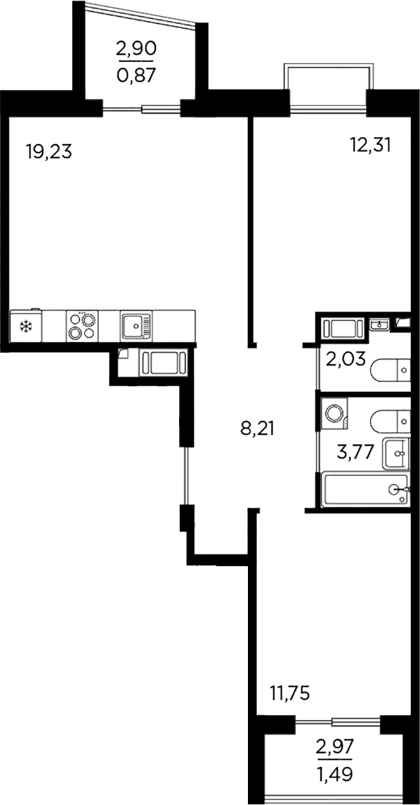 Планировка: Евротрёшка 57,3 м² в ЖК «Респект»