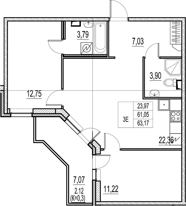 Планировка: Евротрёшка 61,1 м² в ЖК «Город-спутник Южный»